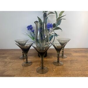 Vintage Smoke Grey Martini Glasses Pitcher Swizzle Stick Bar Set Retro Barware
